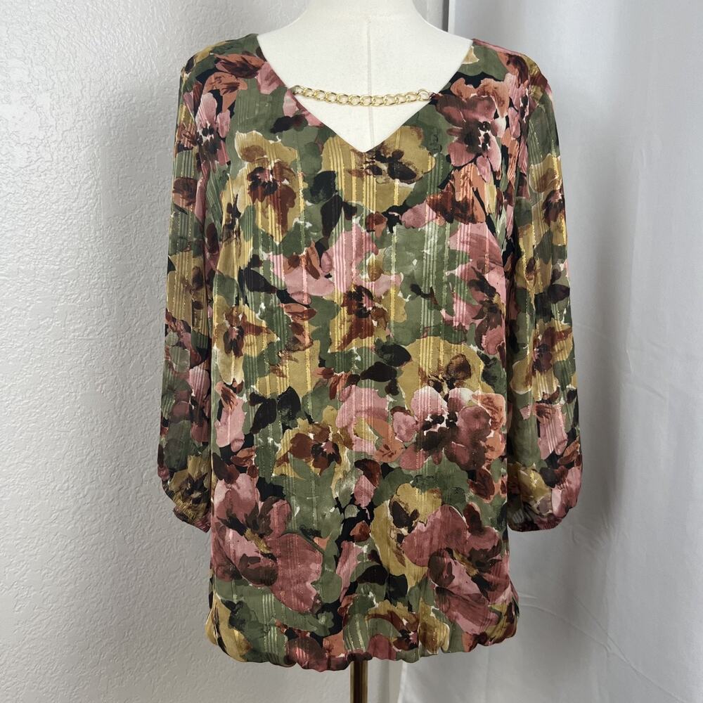 Roz Ali Top Womens‎ 1X Green Floral Metallic Gold Chain Neckline Boho Casual